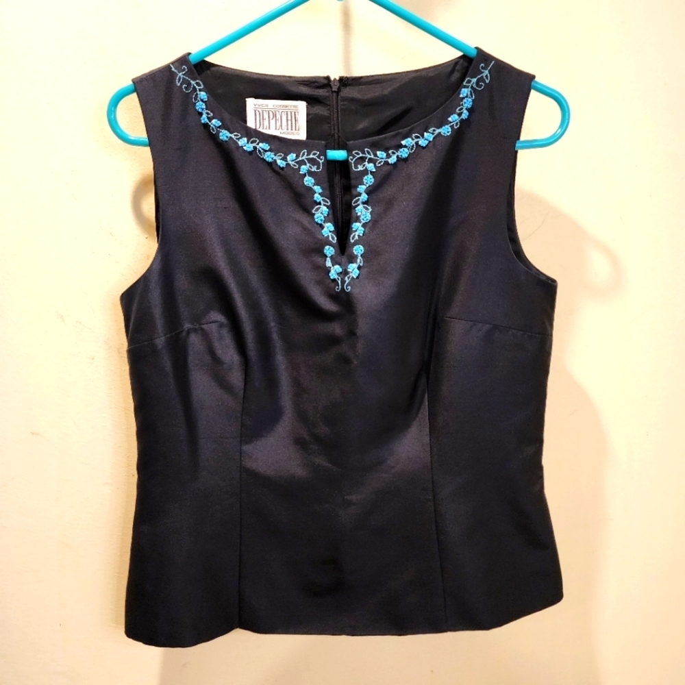 IVES COSSETE Depeche  Navy Blue Satin  Sleeveless Top with Blue Embroidery